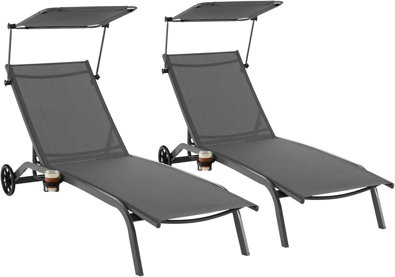 Charge 150 KG – Lot de 2 Bain de Soleil Inclinable à Dossier 6 Niveaux, COSTWAY, Transat Jardin Exterieur avec Roues, Gris