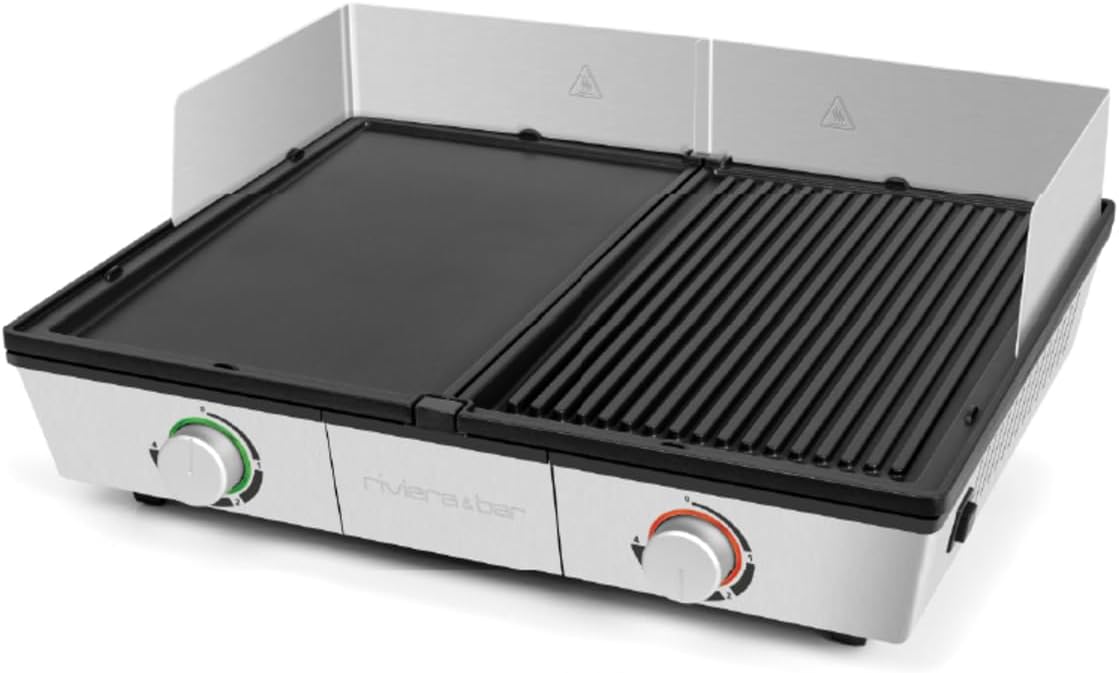 riviera&bar Combiné Plancha Grill Professionnelle - Bi-Zone – Riviera & Bar, Thermostats Indépendants - Pour 8 à 10 Personnes - Inox