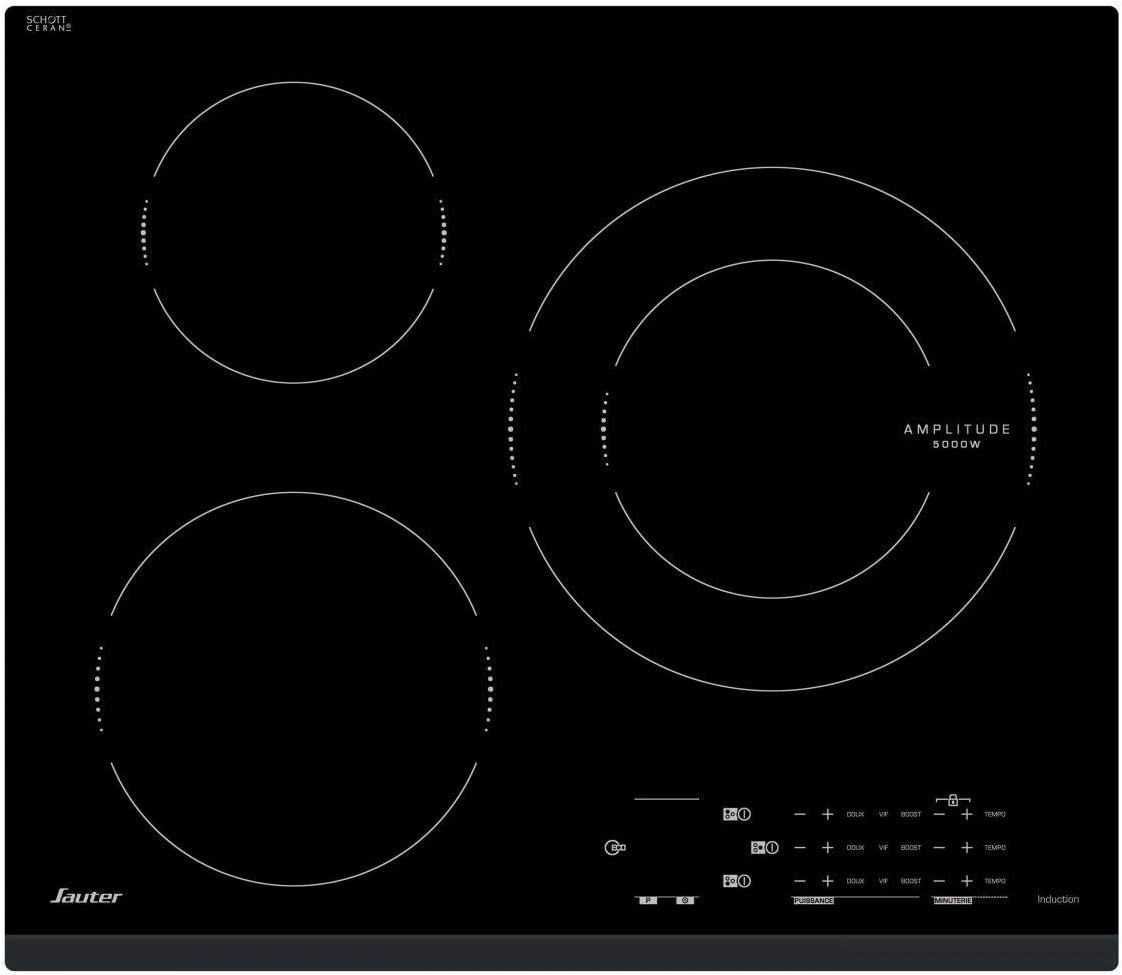 Sauter SPI4362B - Plaque à induction - Encastrable - 3 Foyers - 7200W - L60 x P52cm - Revêtement verre