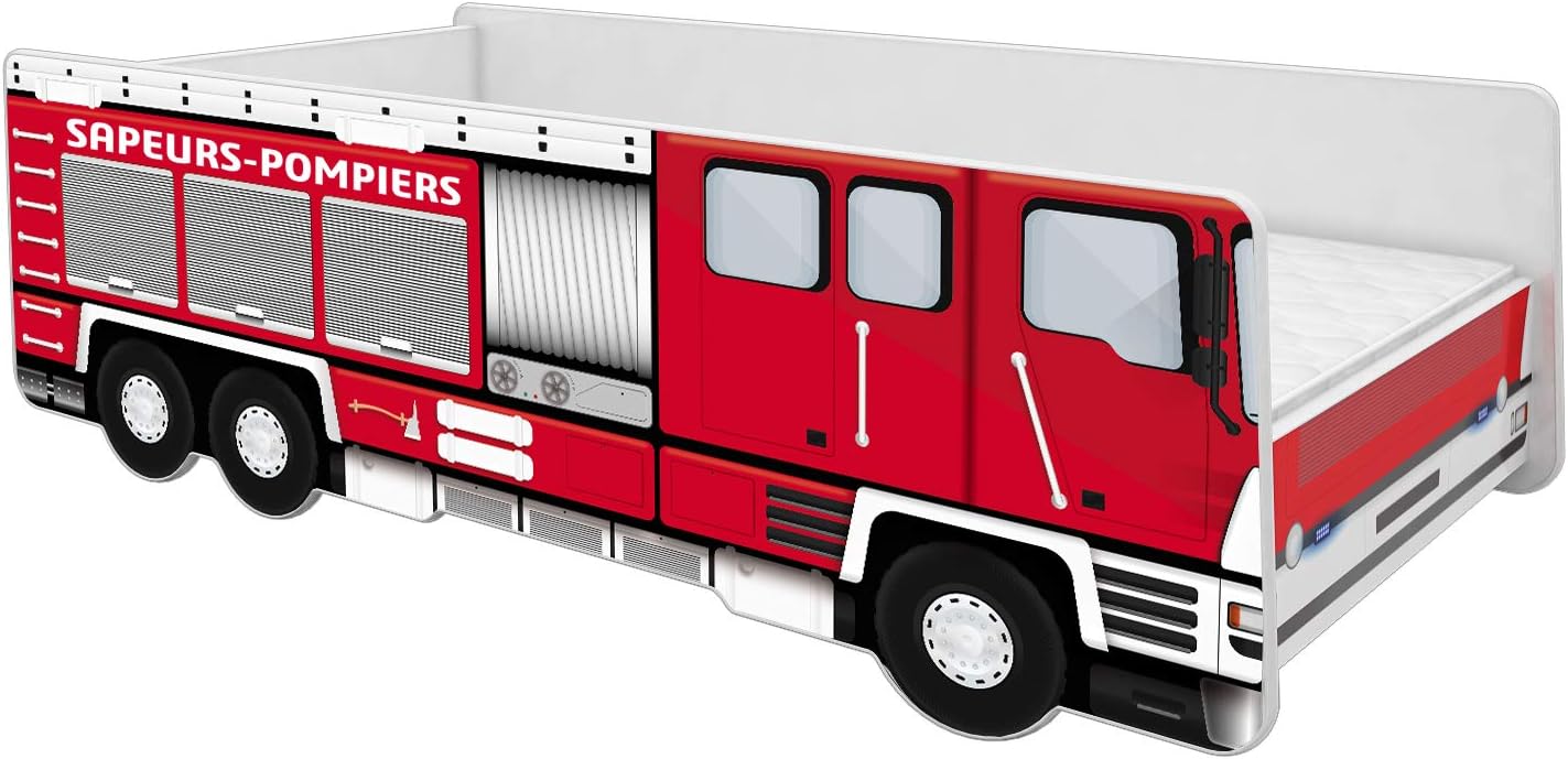 ACMA Lit d'enfant avec Matelas et Sommier à Lattes Voiture Sapeurs-Pompiers Garcon en Forme De – 80 x 160 cm, Rouge/Blanc/Noir