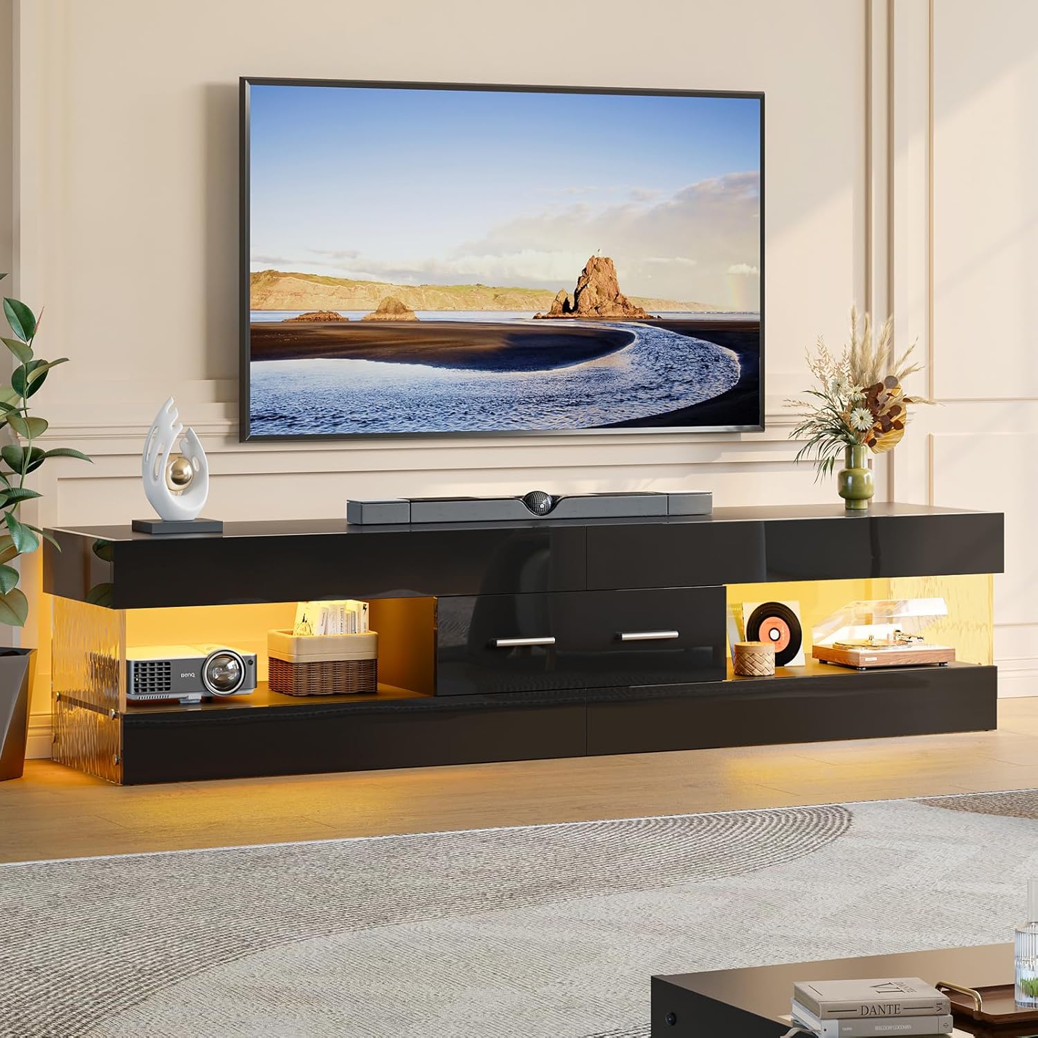 éclairage LED intégré et Grand tiroir – Meuble TV pour téléviseurs jusqu'à 75 Pouces – Banc TV, Bestier, Noir