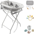 cozzeo Baignoire Pliable Bébé sur Pied - Avec Trousse de Soin Bébé - Jouets de Bain et Tasse de – Gris/Blanc