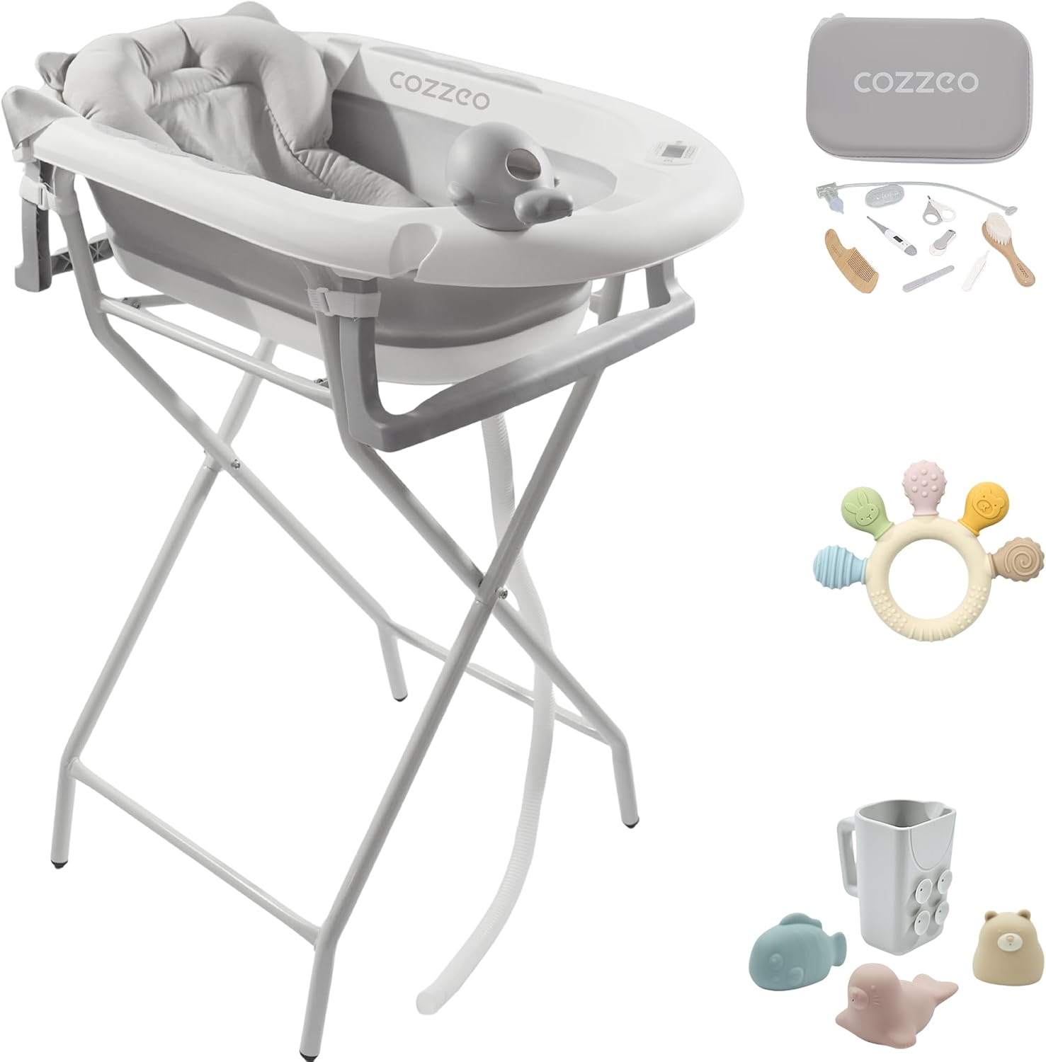 cozzeo Baignoire Pliable Bébé sur Pied - Avec Trousse de Soin Bébé - Jouets de Bain et Tasse de – Gris/Blanc