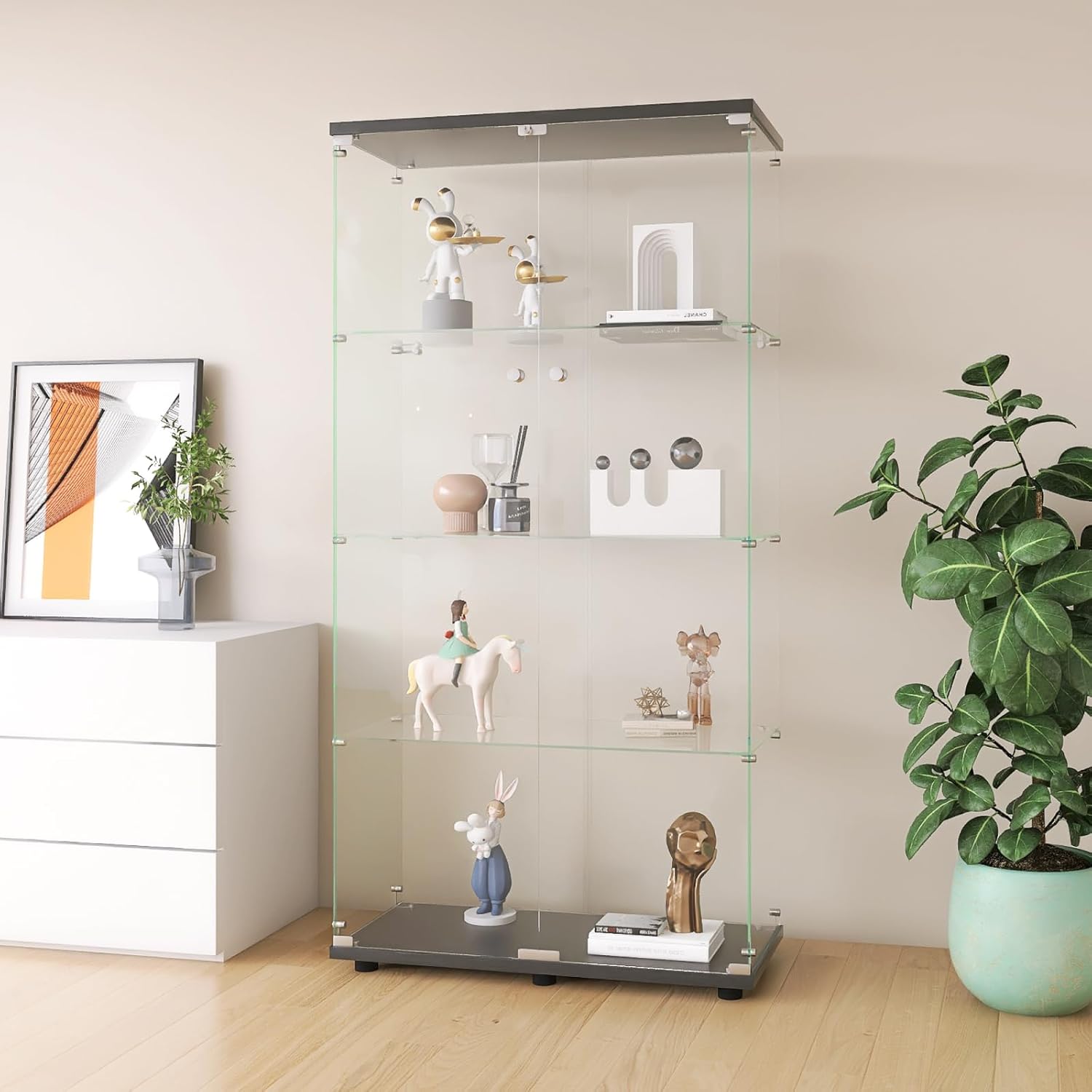 Transparent Vitrine sur Pied vitrines trempé Moderne en Verre 4 Couches avec 2 Porte – Vitrine en Verre – Armoires vitrées de présentation