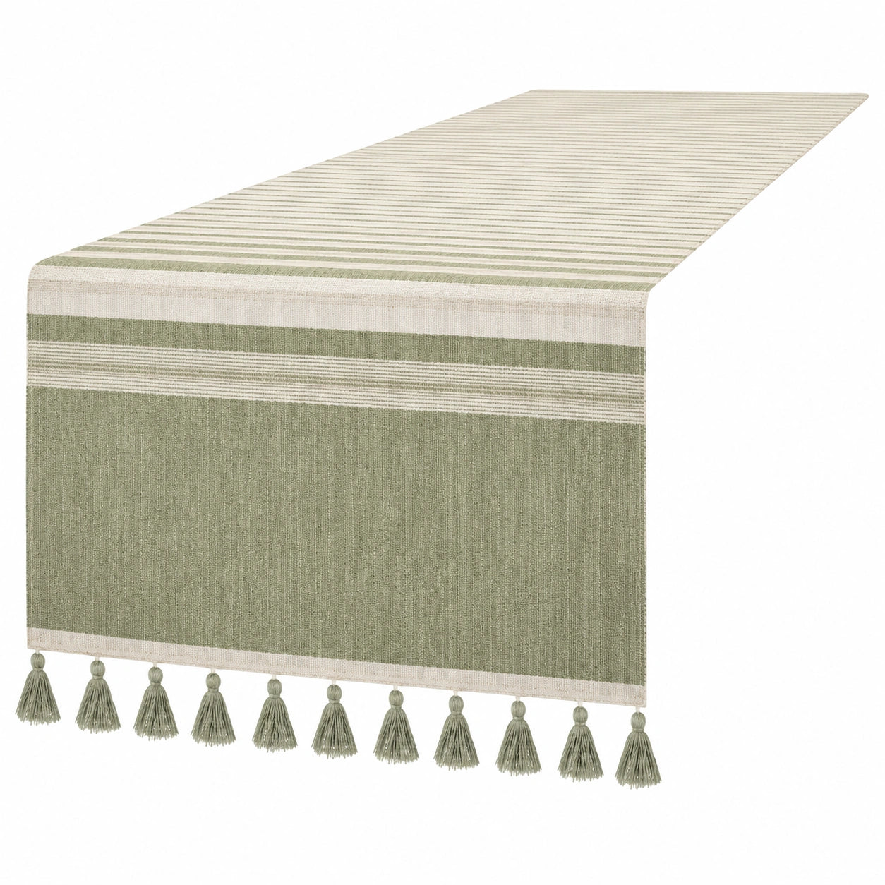 Chemin de table rayé vert avec pompons