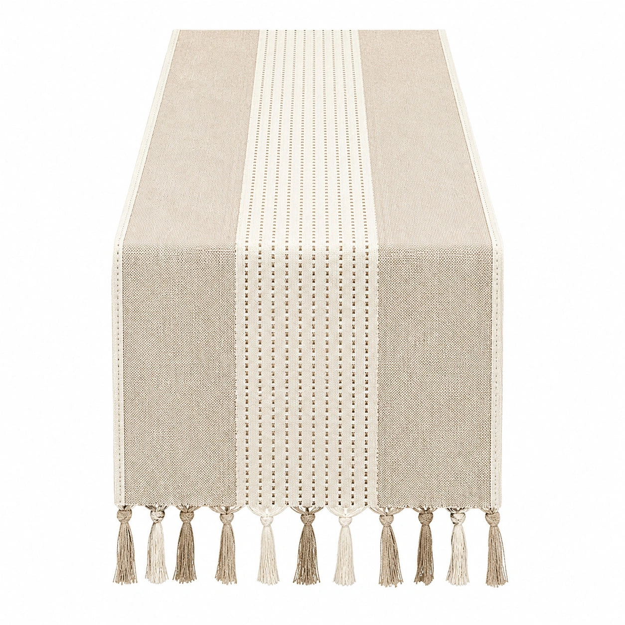 Chemin de table à franges beige et blanc