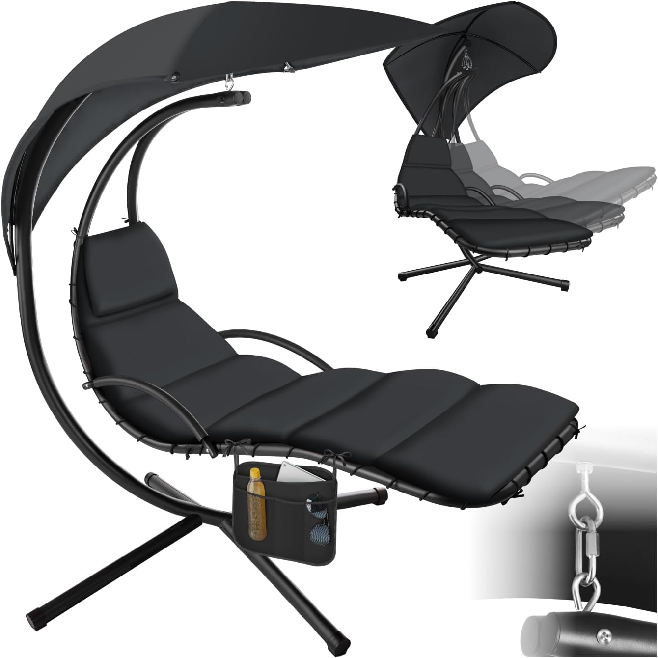 tectake Bain de Soleil Suspendu Siege Suspendu avec Support Fauteuil Confortable avec Parasol – Matelas, Noir