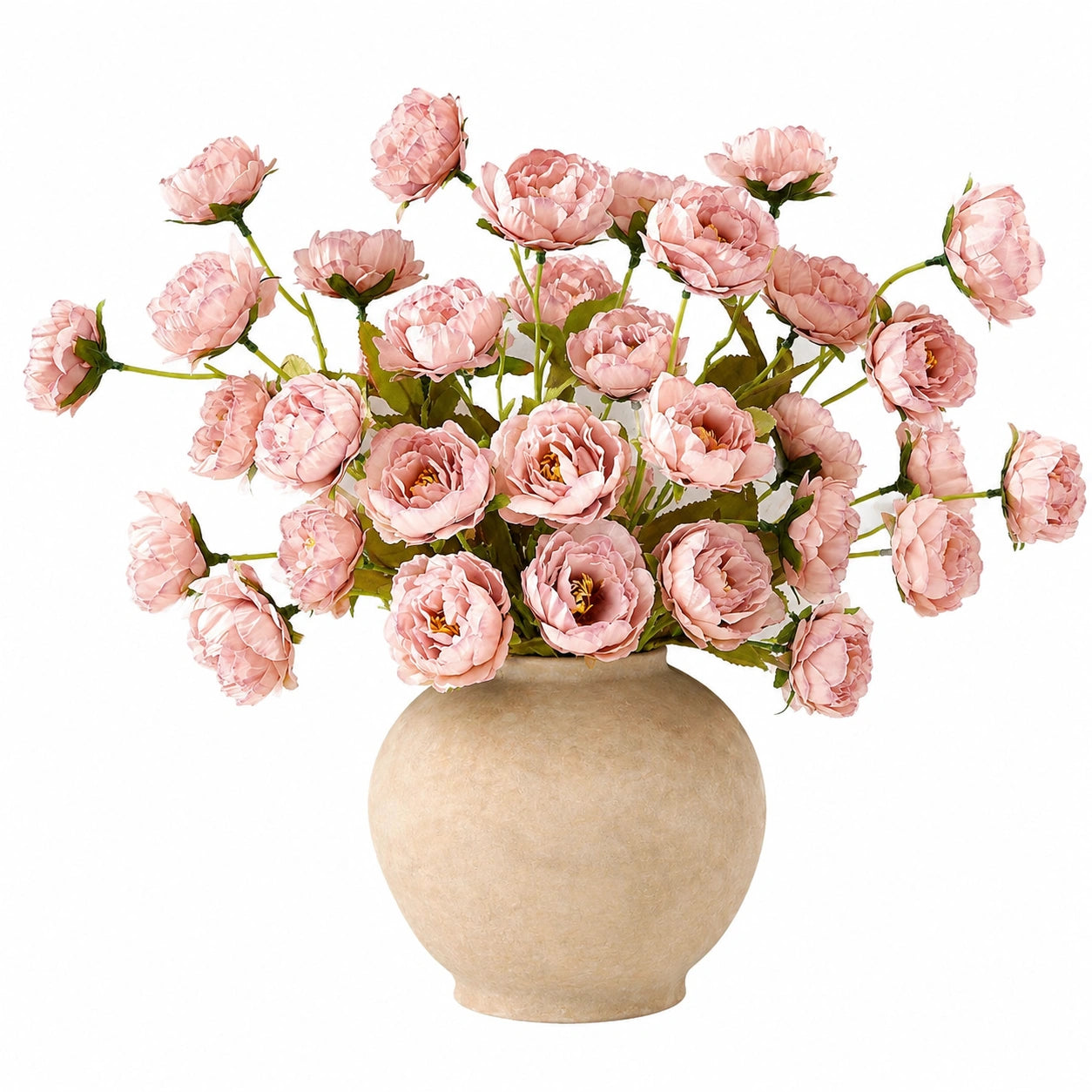 Arrangement floral de pivoines artificielles roses avec vase en céramique