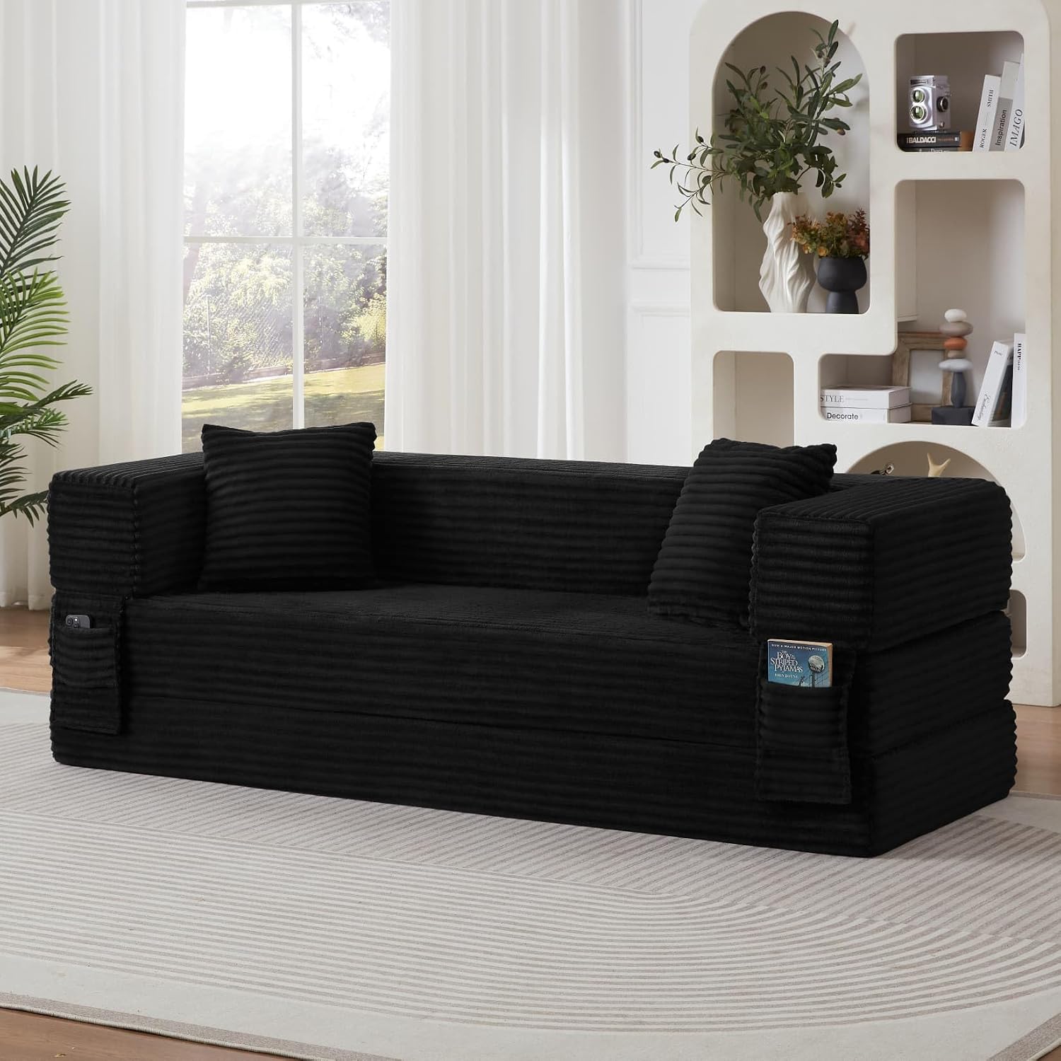 PUGSDRLY Canapé d'angle Convertible 3 Places Compressé 200x76x60cm – 2 Coussins, Canapé Lit Modulable Ergonomique avec Poches Latérales