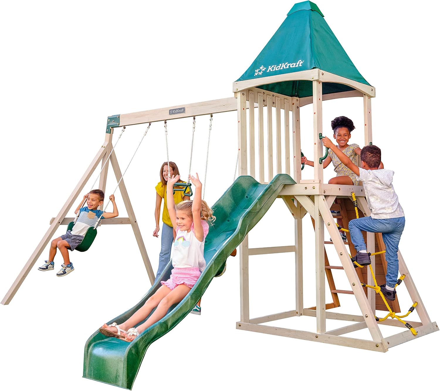 KidKraft Emerald Aire de Jeux en Bois avec Toboggan d'Extérieur – F29550E, Balançoire, Exclusivité sur Amazon