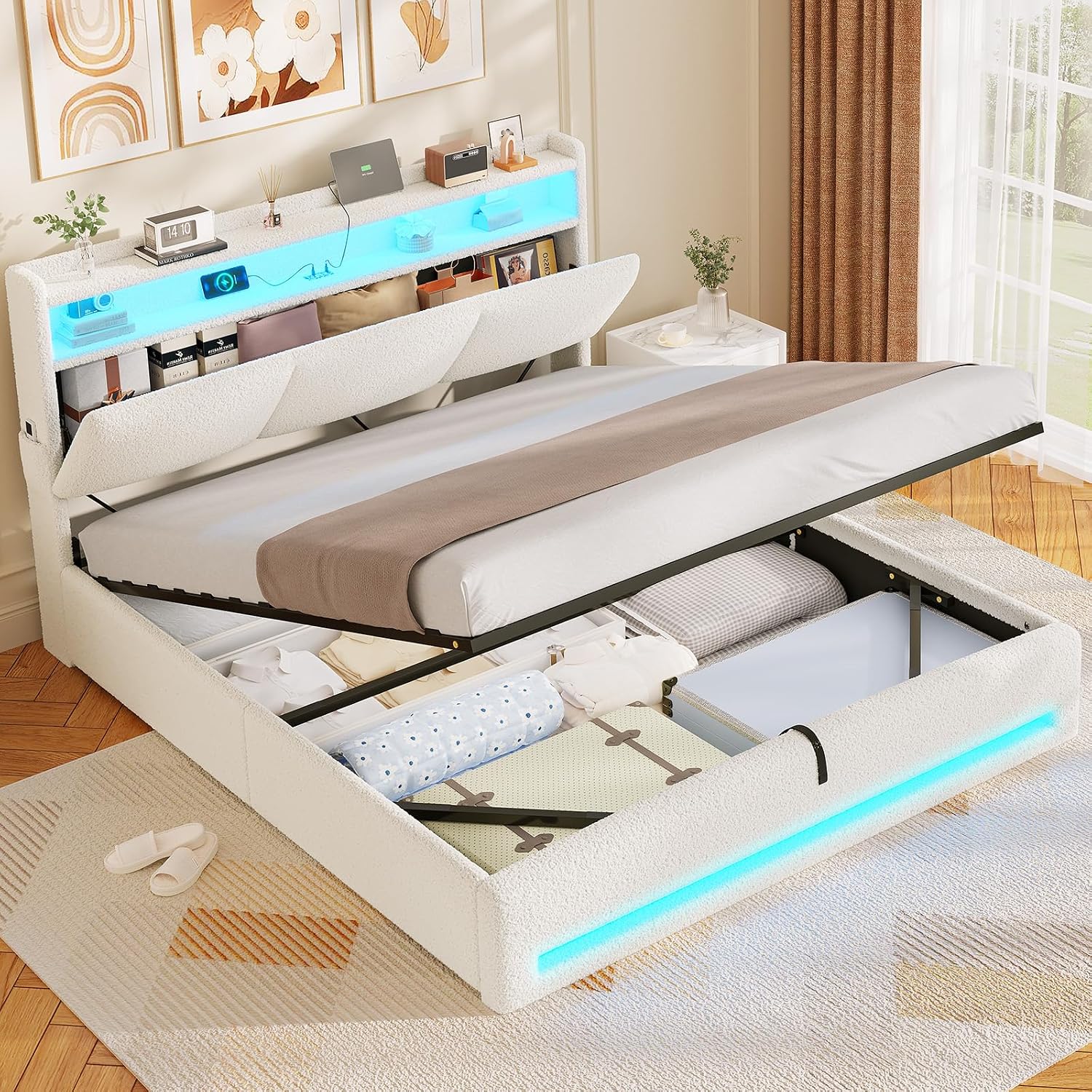 AOGLLATI Lit Coffre 140×190 avec LED et Ports USB – lit 2 personnes avec Hydraulique, Tête de Lit capitonné avec Étagères Ouvertes et Rangement Caché