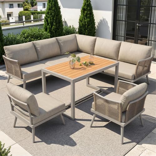 Merax Ensemble de meubles de jardin en forme de L pour 7 personnes - En fer - Résistant aux – Beige/Gris