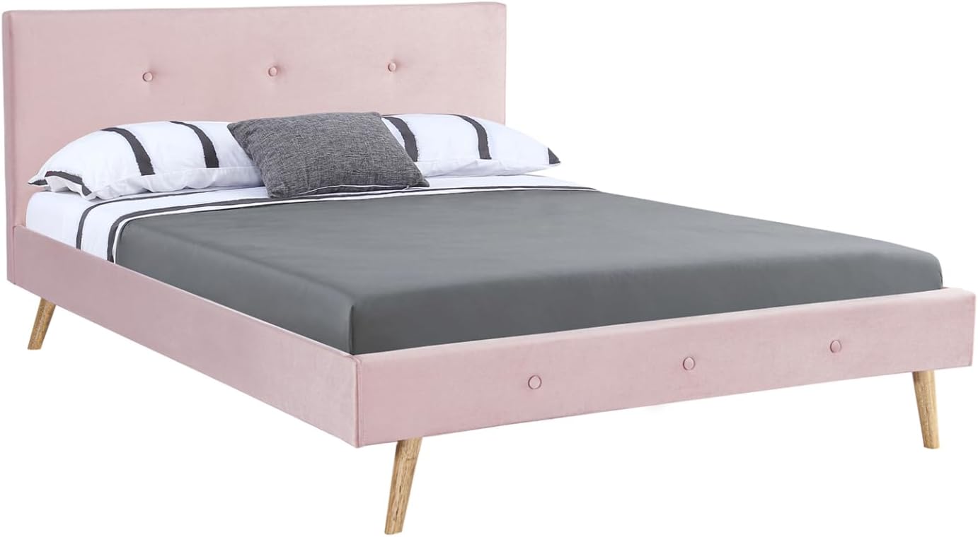 Lit Double scandinave Oslo avec tête de lit et sommier 140 x 190 cm Tissu Rose Clair Effet – IDMarket, Rose Clair/Gris