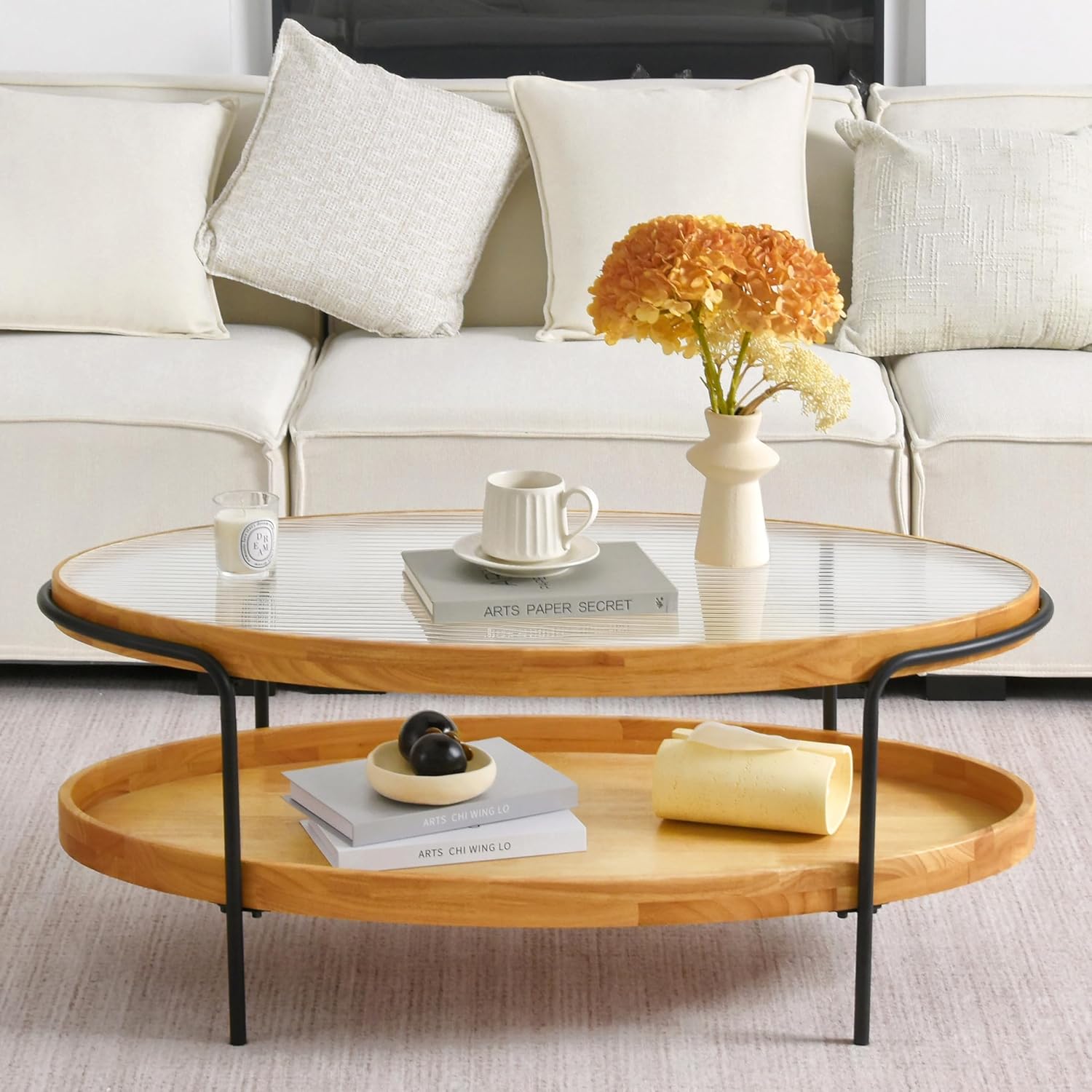 Cagnolier Table basse ovale en bois – table basse à 2 niveaux avec espace de rangement, grandes tables basses avec pieds en métal pour salon, 76 cm