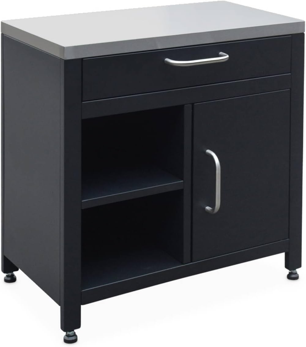 sweeek - Meuble de cuisine extérieure en acier L80cm avec 1 tiroir. 1 porte et 2 étagères de – Rangements sur pied, Noir/Gris