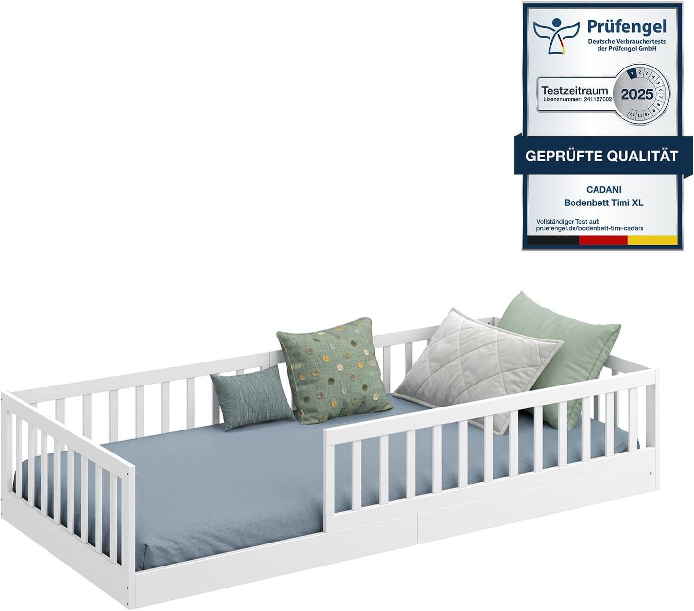 CADANI Timi Lit au Sol 90x200 cm Lit Enfant Montessori avec Barrière de Sécurité et Sommier à Lattes – 3 Variantes de Construction, Bois Massif Pin