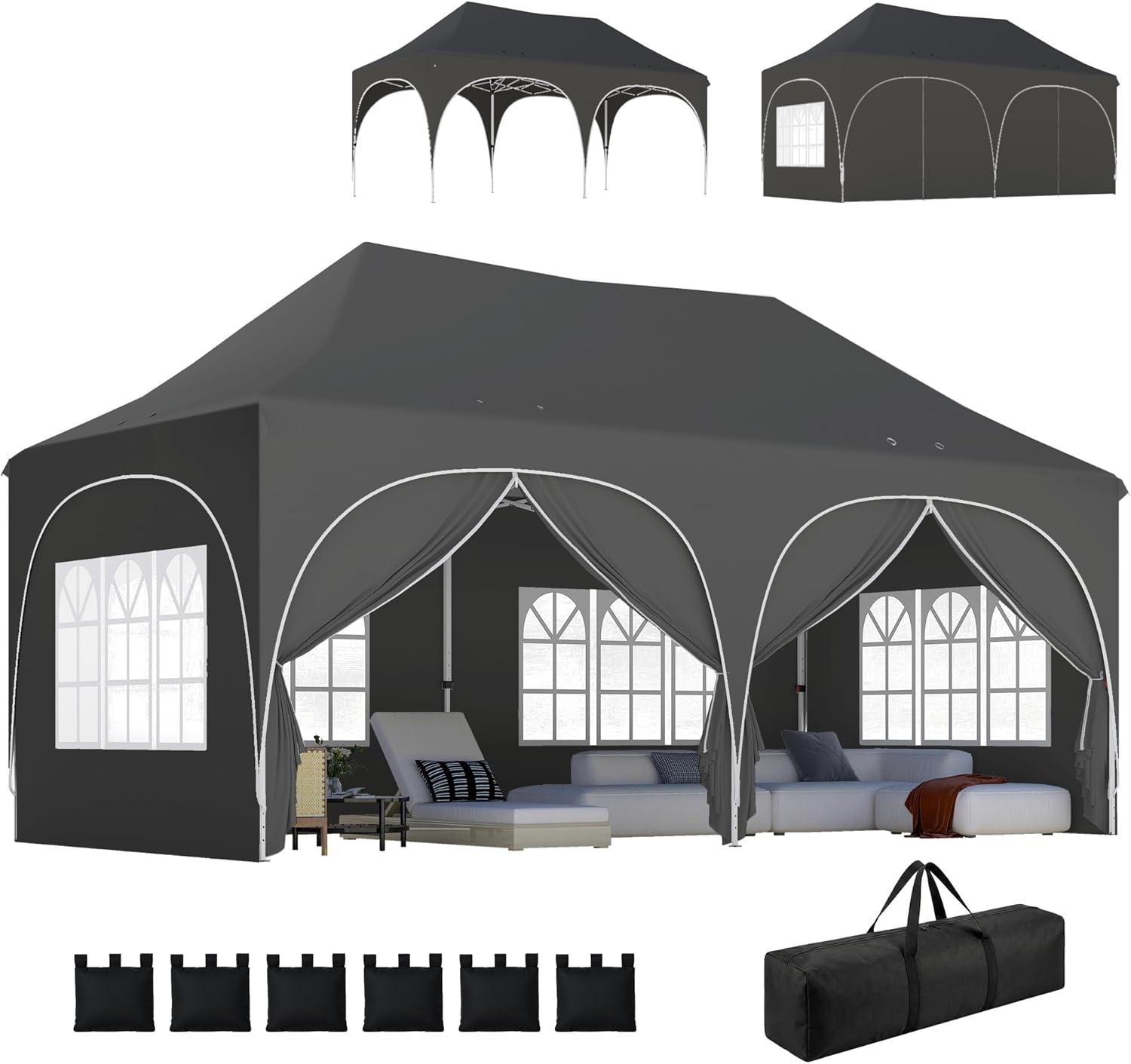 Tonnelles – Outsunny, Tonnelle Pliante 3x6m imperméable Anti-UV, 4 fenêtres église pour Mariage, marché - Gris