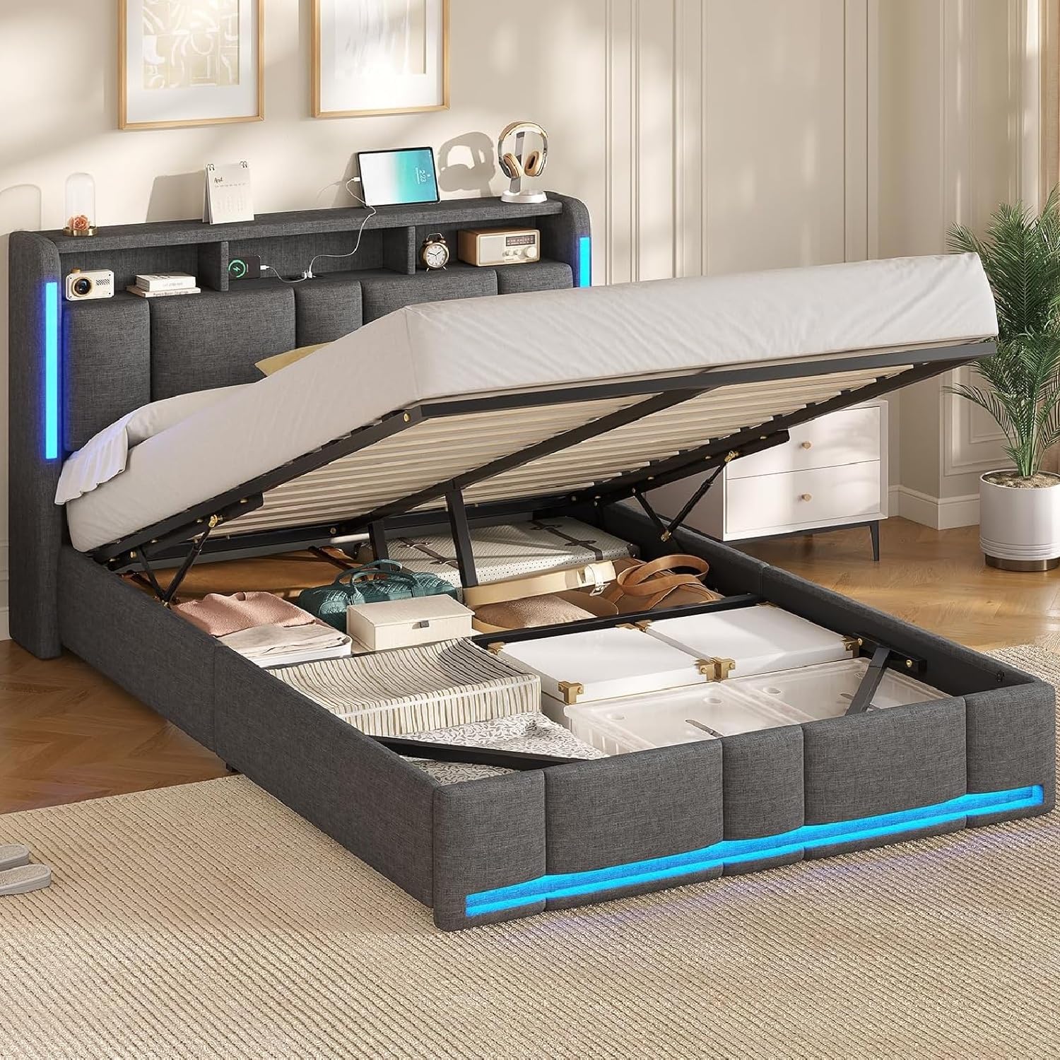 AOGLLATI Lit Coffre 140x200 CM – Lit Double avec LED et Ports USB, Cadre de lit avec Tête de Lit capitonné et Rangement, Lattes en Bois