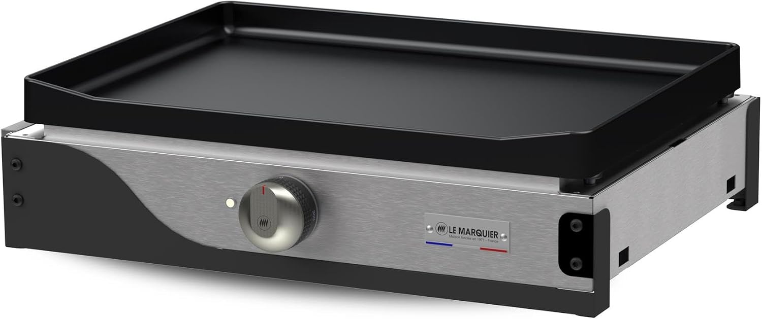 LE MARQUIER Plancha La Petite Francaise Electrique 150 Duo – Plaque fonte émaillée (50x35) avec trou, Noir/Argent