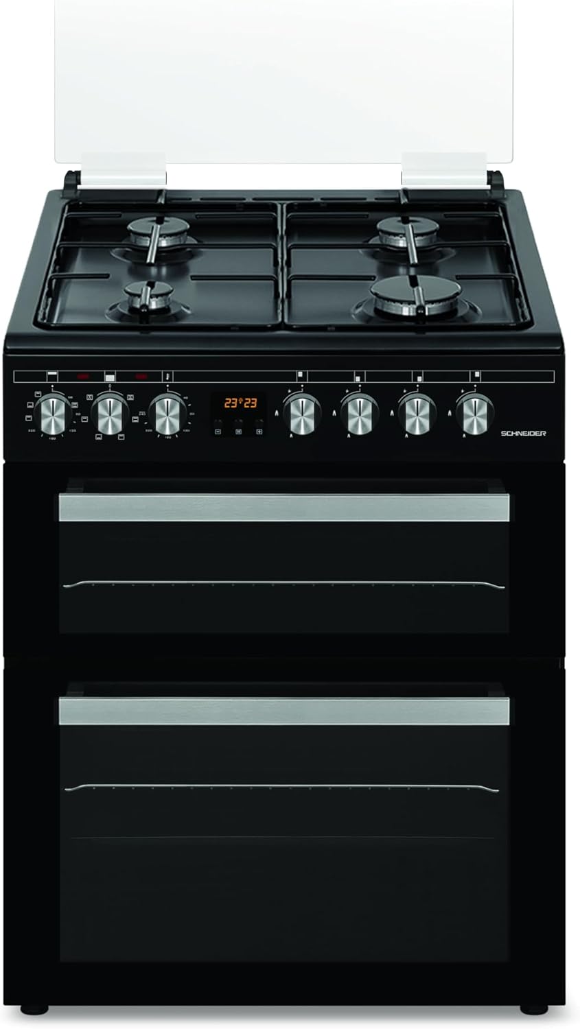 Schneider SCCG64DO-BM - Cuisinière double four 4 feux gaz Black mat – 6 modes de cuisson, gril 2000 W, nettoyage catalyse auto, accessoires inclus