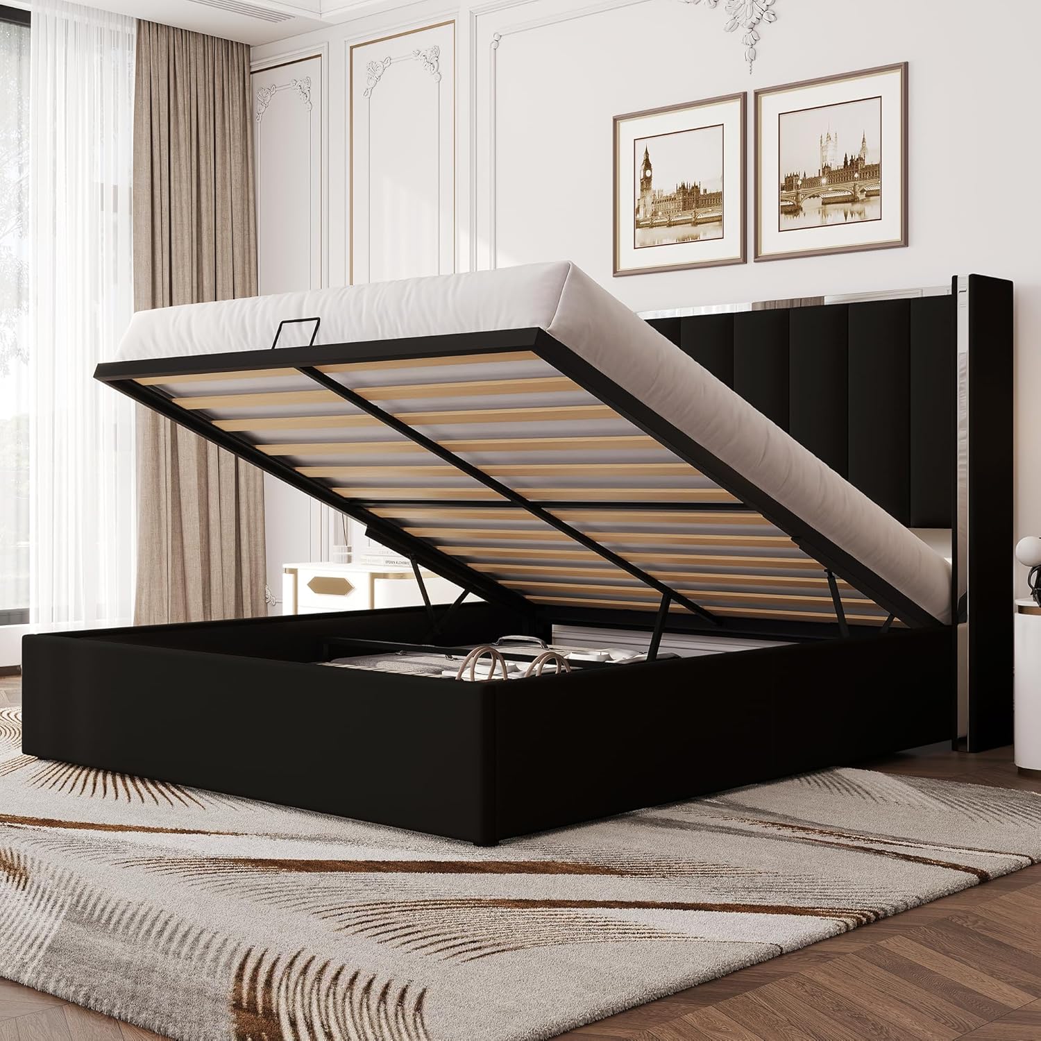 Lit Coffre 140 x 200 cm avec Sommier à Lattes – Cadres de lit, LUXOAK, Tête de Lit 115 cm de Haut Miroir Chromé, Noir