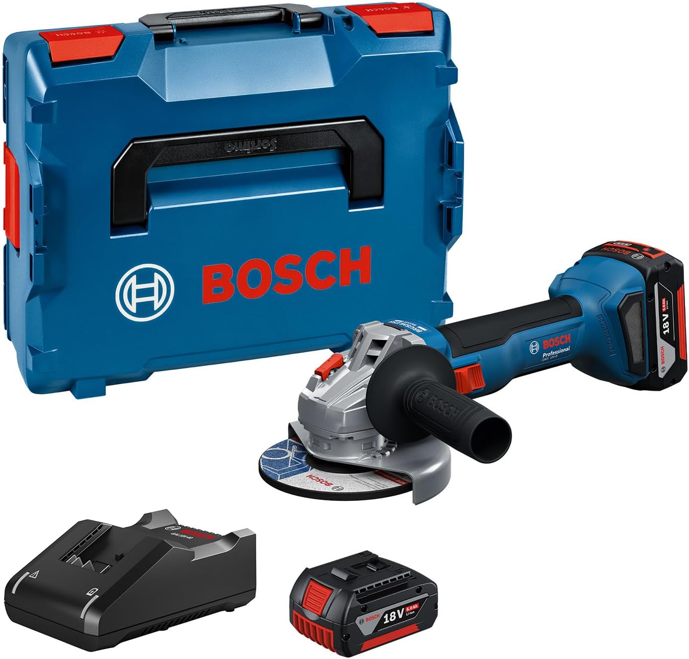 Bosch Professional 18V System meuleuse angulaire sans-fil GWS 18V-8 (diamètre de disque 125 mm – avec 2 batteries GBA 5, 0 Ah, chargeur GAL 18V-40