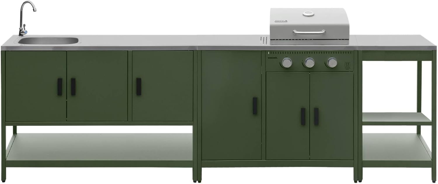 Alice's Garden sweeek - Cuisine extérieure Naxos 3 modules acier inoxydable vert avec barbecue gaz 3 brûleurs