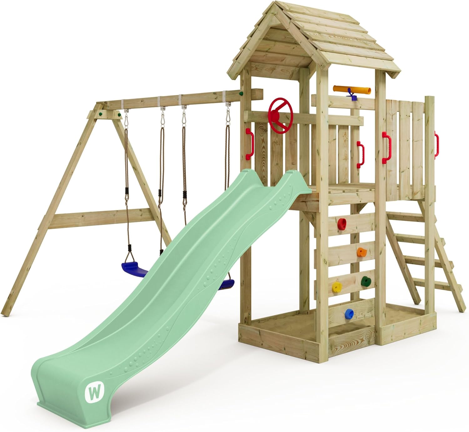 Wickey Aire de Jeux MultiFlyer portique avec Toit en Bois & balançoire et Toboggan – Tour d'escalade pour Enfants avec bac à Sable