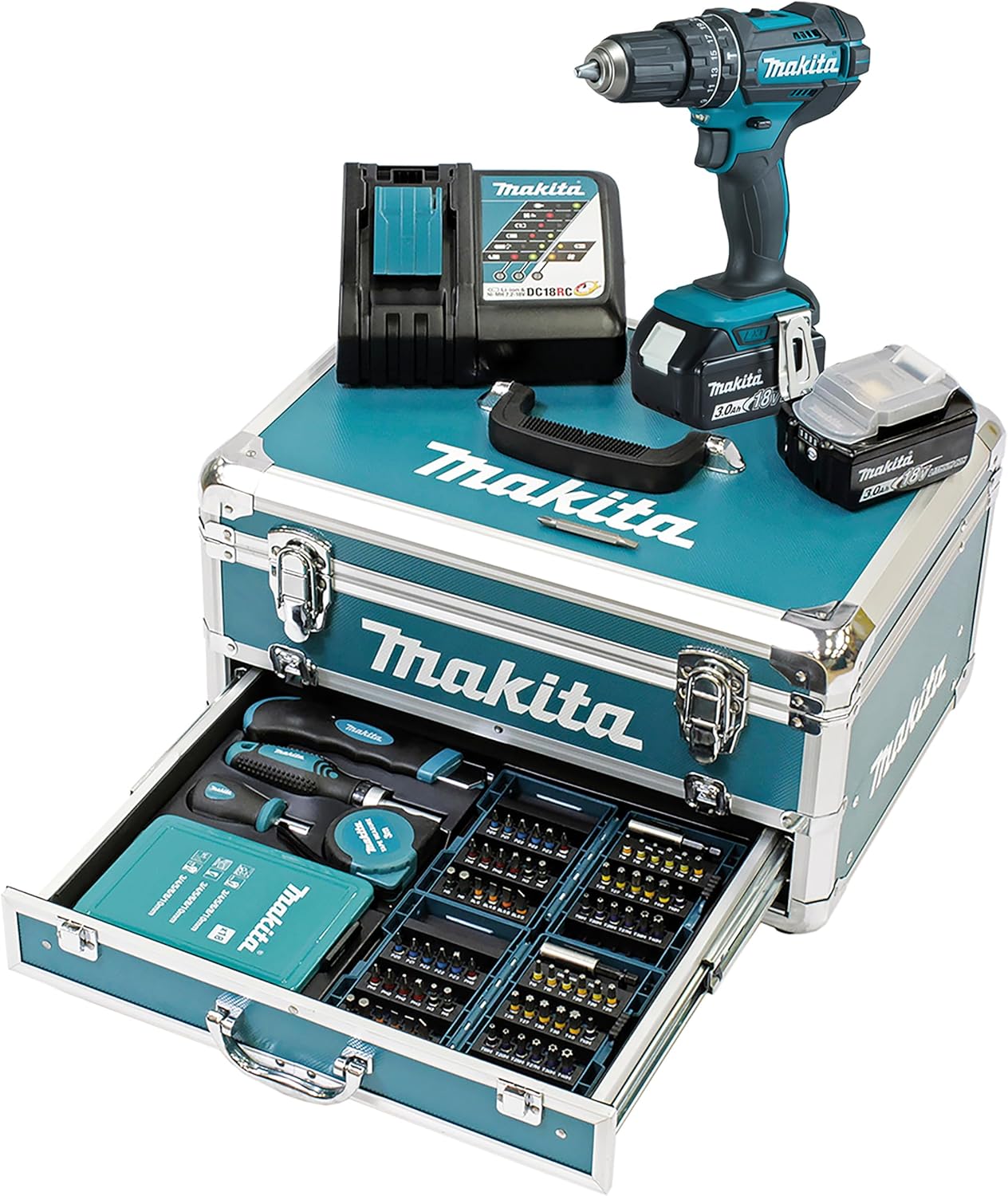 Makita Perceuse à percussion 18V LXT – avec accessoires - MAKITA DHP482RFX9, 0 Ah, 2x3, Bleu/Noir