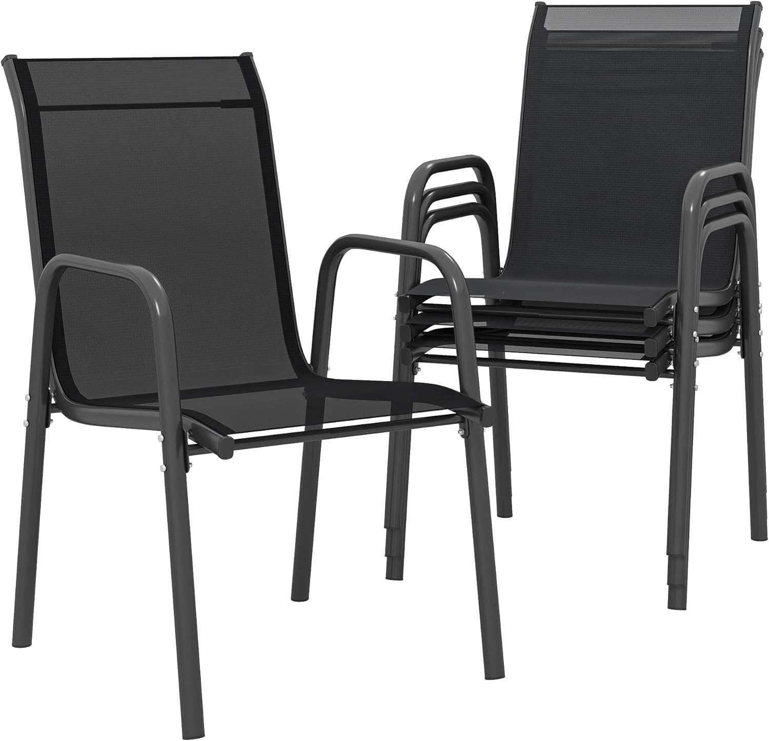 Lot de 4 Chaises de Jardin Extérieures – Outsunny, Fauteuil de Jardin Exterieur pour Balcon, Noir, Dossier Haut, Métal et Textilène, Terrasse