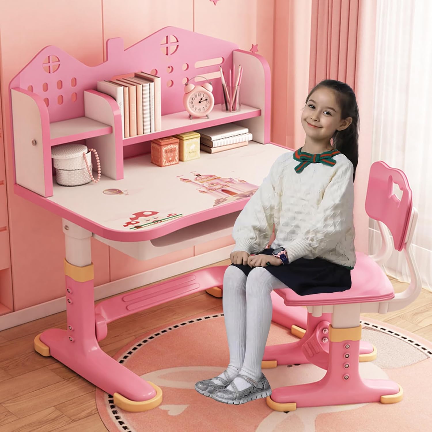 Ensemble Bureau et Chaise pour Enfants – Ensembles de tables et chaises, OSKOPWRC, Bureau d'étude réglable en Hauteur avec Support à Livres et tiroir