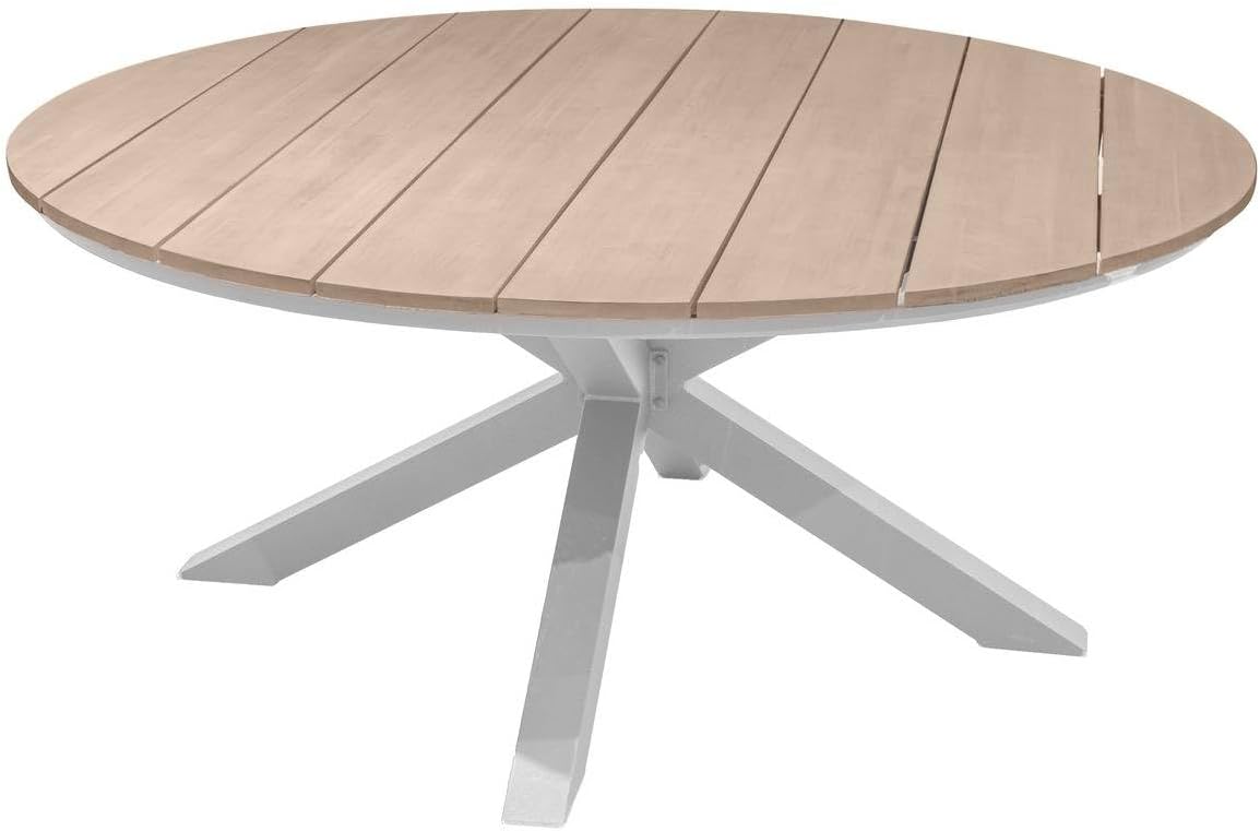 Tables à manger – HESPERIDE, Hespéride - Table de Jardin Ronde Oriengo Blanc - 8 Places - Aluminium Antirouille Acacia, Blanc/Beige