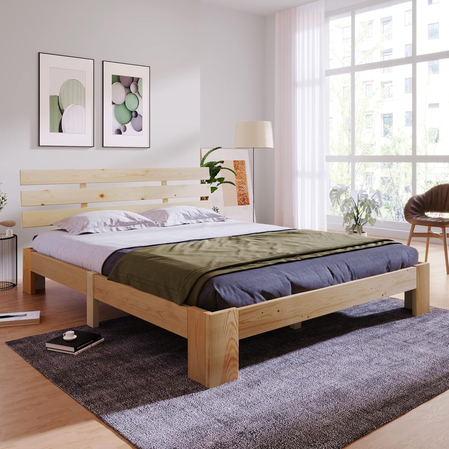 140 x 200 cm – Lit Double, Merax, avec tête de lit et sommier à Lattes, en Bois Massif, Support à Lattes en Bois, chêne