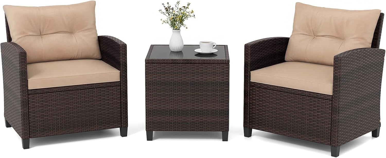GIANTEX Salon de Jardin 2 Personnes en Rotin – Mobilier Jardin avec 2 Fauteuils, Coussins Amovibles, Table Basse Plateau en Verre Trempé, Cour