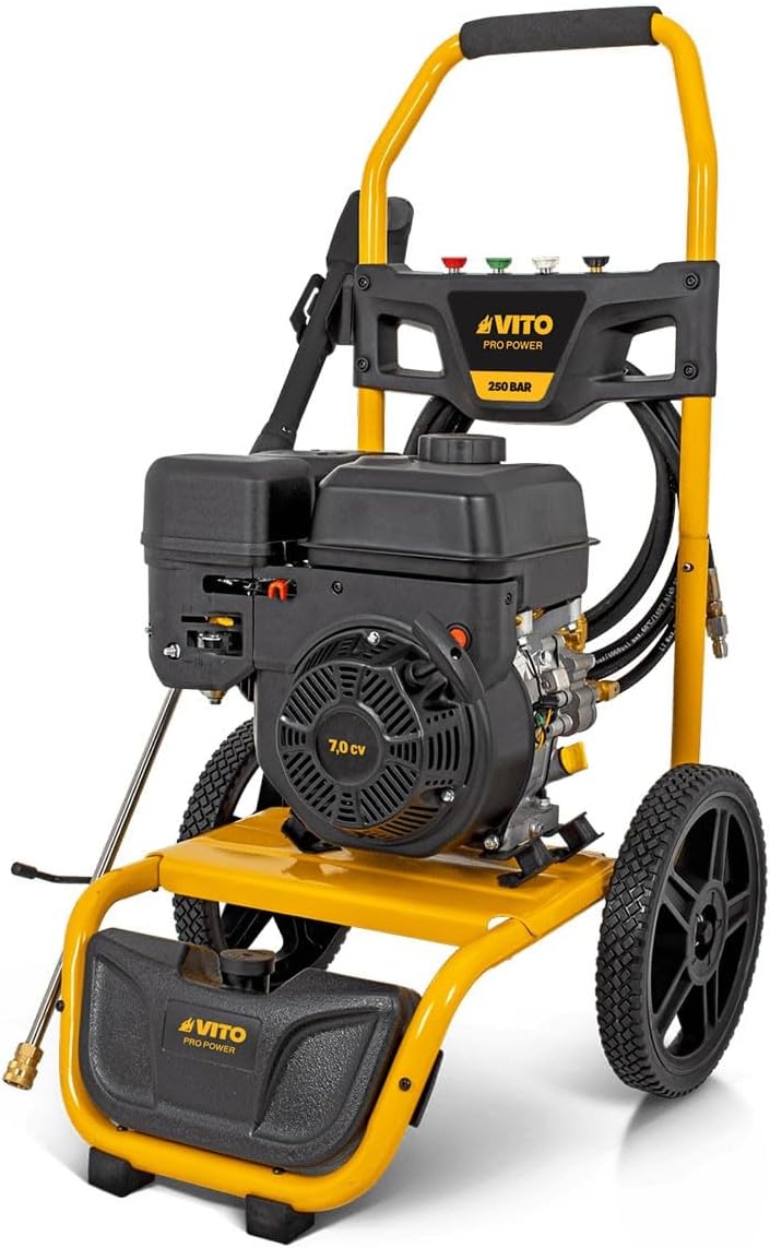 VITO Nettoyeur Haute Pression Thermique 250 Bar 7CV Tuyau HP 8mètres 4 Buses – Noir/Jaune