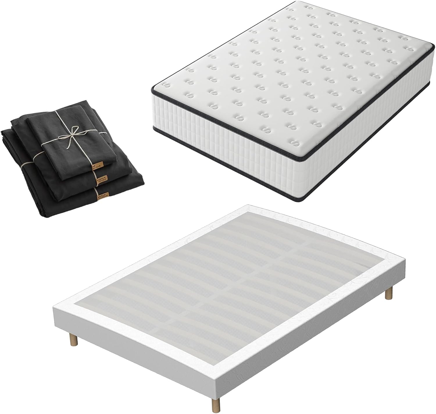 Matelas 160x200 et Parure de lit 4 pièces+Sommiers à Lattes avec 9 Pieds pour Adulte – Matelas à mémoire de Forme et sommier 160x200 Ensemble