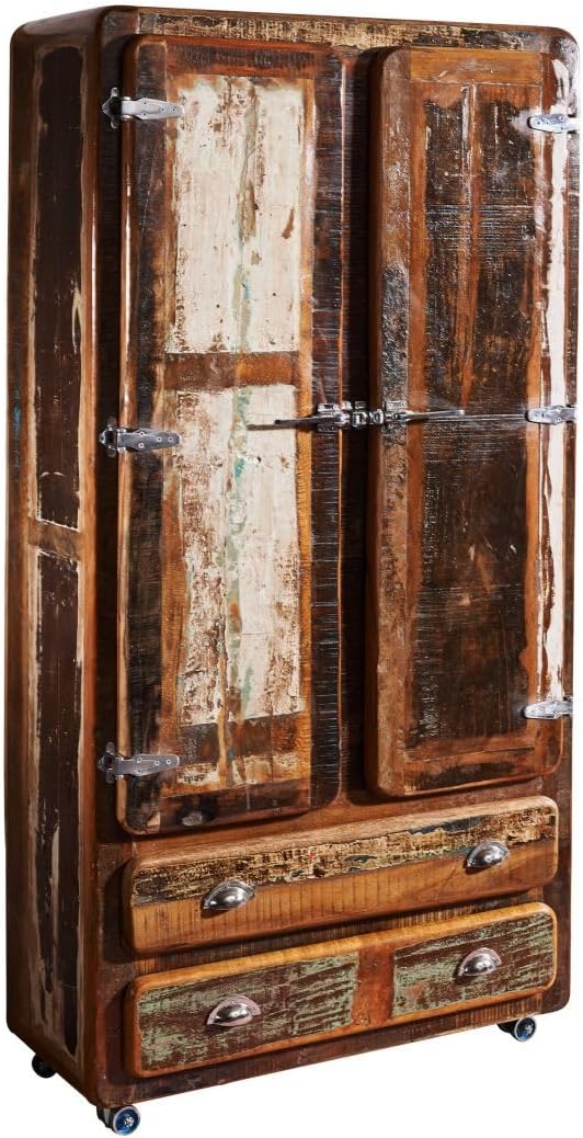 MASSIVMOEBEL24.DE Armoire avec roulettes - Bois Massif recyclé laqué – - Inspiration Ethnique - FREEZY #39, Multicolore, Marron/Beige