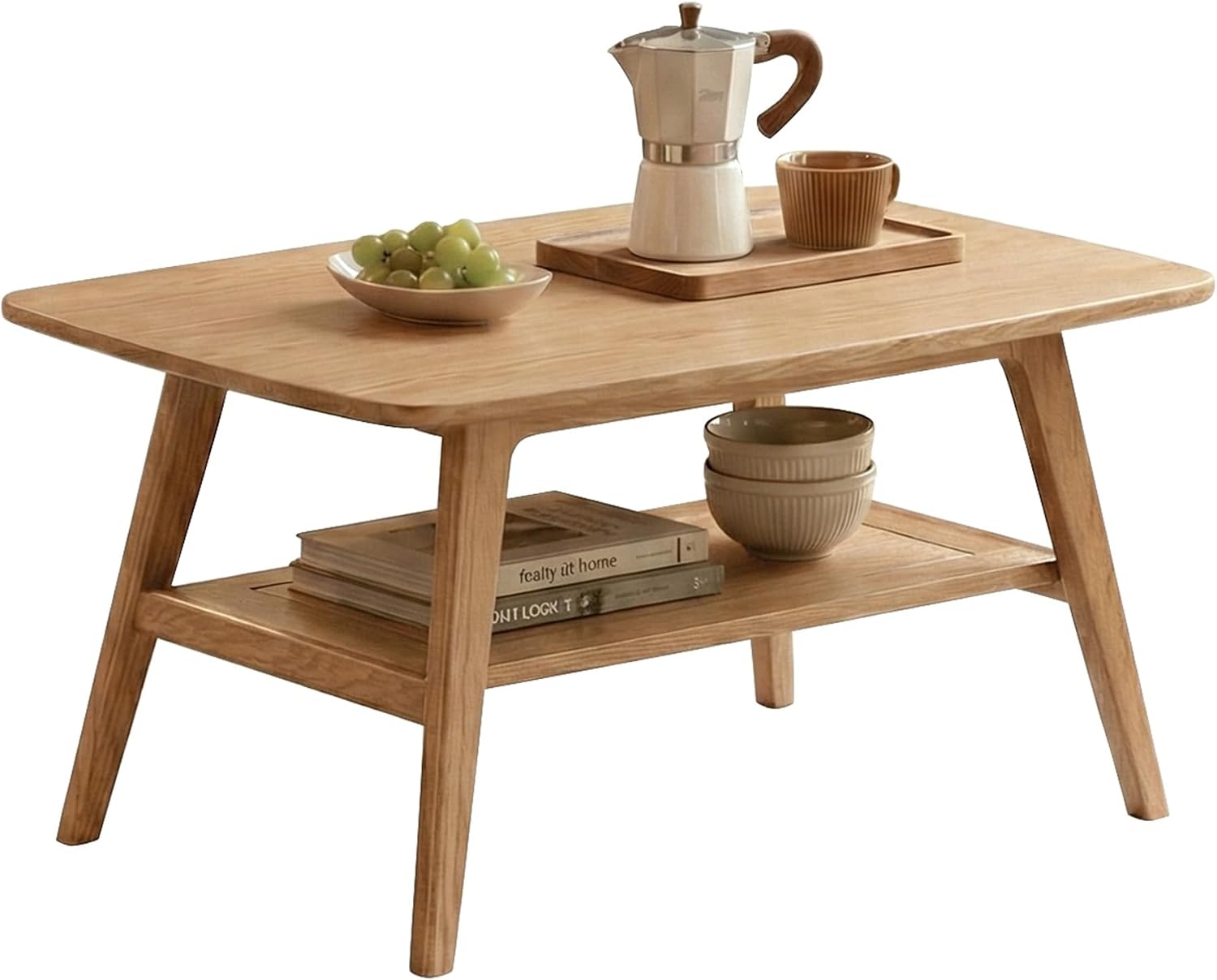 Table Salon avec Rangement 2 Niveaux – Table Basse en Chêne Massif – Tables basses, YESWOOD, 80 x 50 x 44 cm, Chêne Naturel