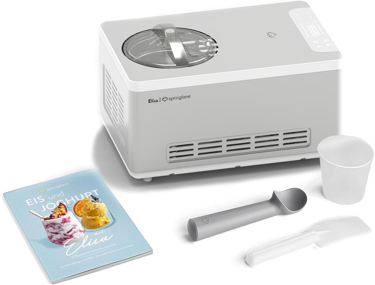 Springlane Kitchen SPRINGLANE Sorbetière et yaourtière Elisa 2 – 0 L avec compresseur auto-refroidissant 180 W, avec accessoires, Argent