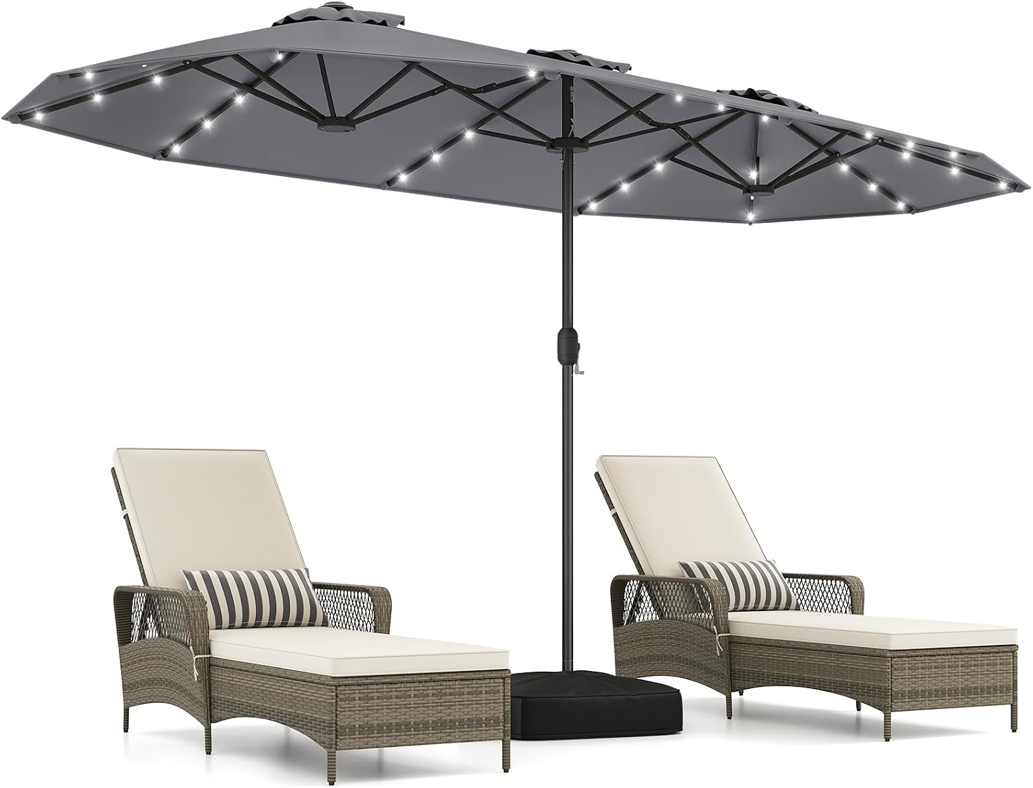 COSTWAY Parasol de Jardin Exterieur avec Pied 4 x 2 m avec LED Solaires – Parasol Double Rectangulaire avec Manivelle&2 Sacs de Sable, pour Terrasse