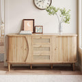 Sideboard Rattan Portes Coulissantes – Buffets, crédences et vaisseliers, BTM, Étagères Réglables Plateau Arrondi, Bois Clair