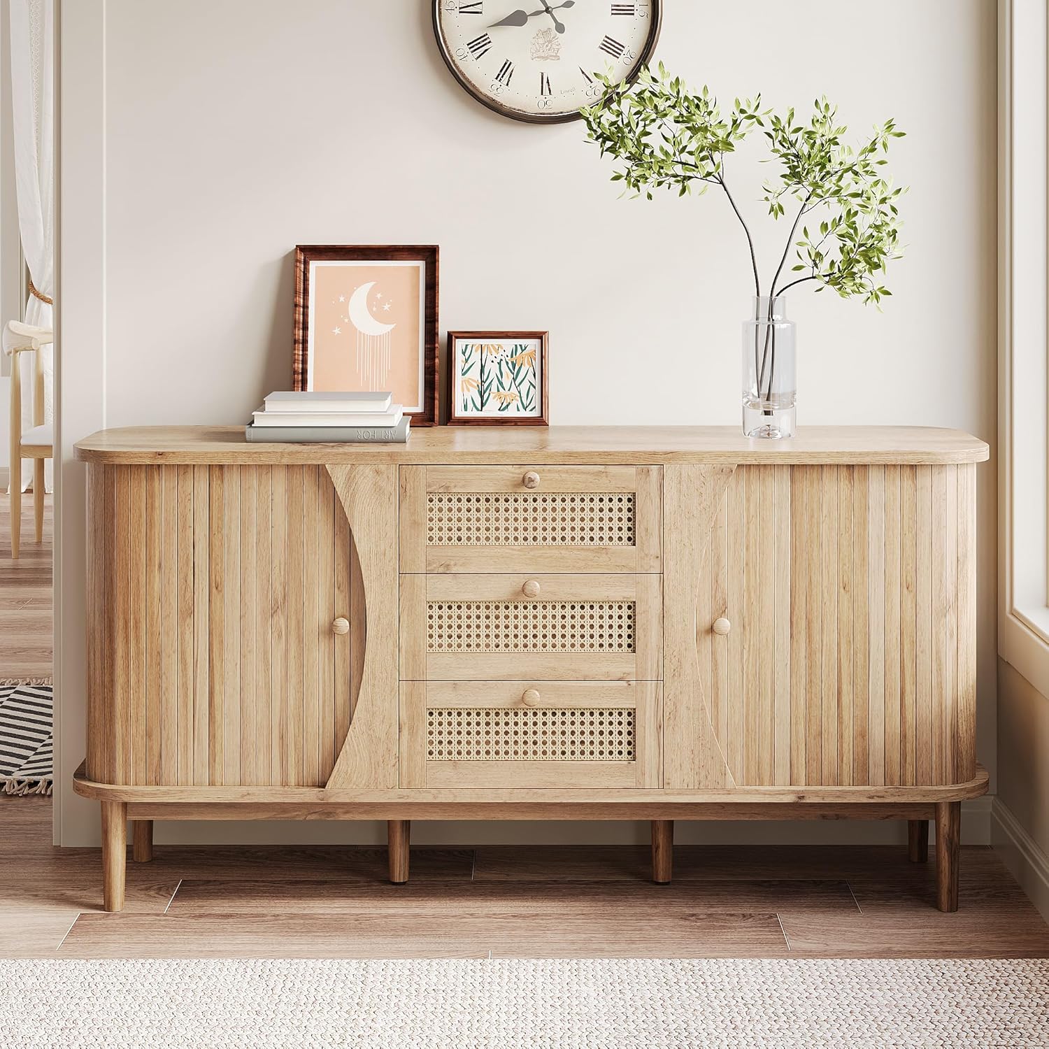 Sideboard Rattan Portes Coulissantes – Buffets, crédences et vaisseliers, BTM, Étagères Réglables Plateau Arrondi, Bois Clair