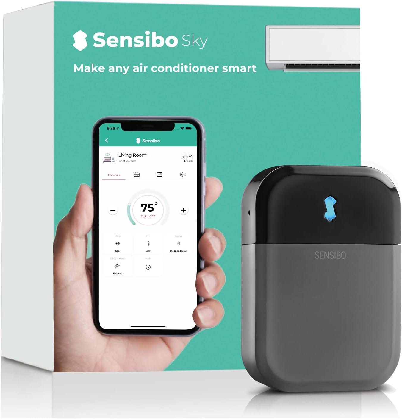 Sensibo Sky -Contrôleur intelligent sans fil pour climatiseur. Installation facile. Confort . – Alexa, Siri, Noir/Gris