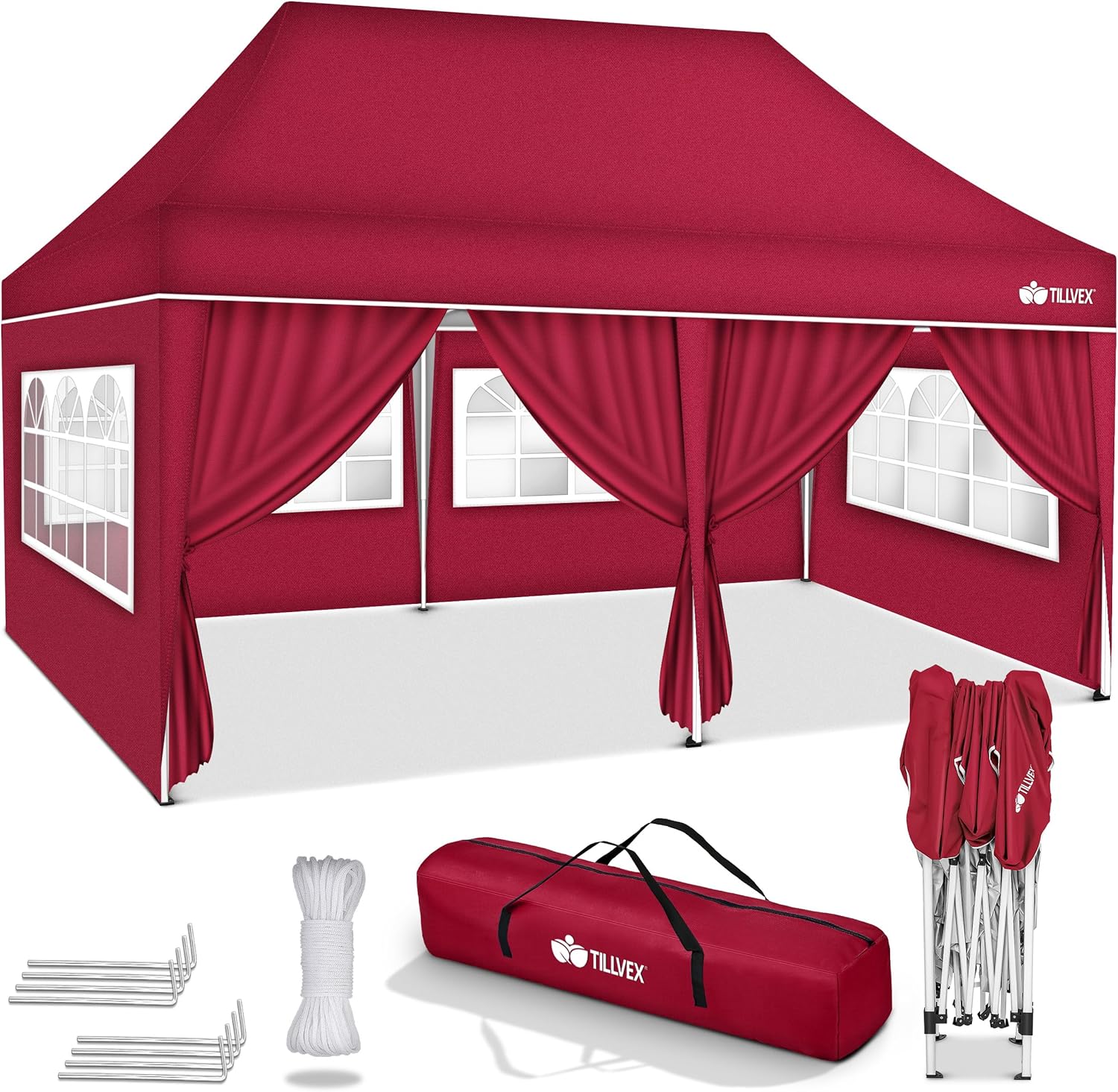 tillvex Tonnelle étanche 3 x 6 m pliable pop-up réglable en hauteur – avec 6 panneaux latéraux, Tente de jardin, protection UV 50+, rouge