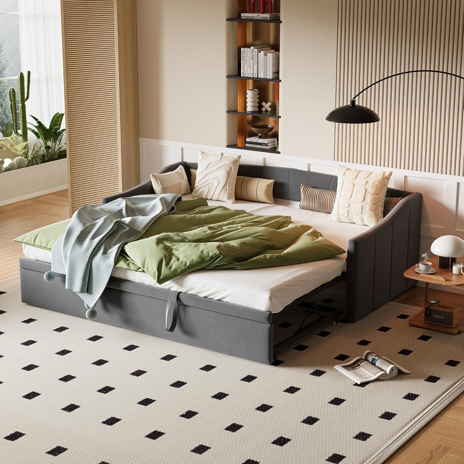 Mokylor Canapé lit 2 Places Convertible 90/180x200cm – lit gigogne avec sommier à Lattes, Matelas Non Inclus, Gris, Extensible, Pliant, Velours
