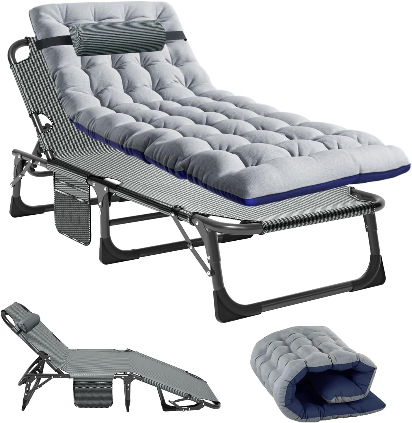 Bains de soleil – Ryuhic, Chaise longue de jardin pliable avec matelas - Charge maximale: 200 kg - Avec poche latérale et, jardin, plage