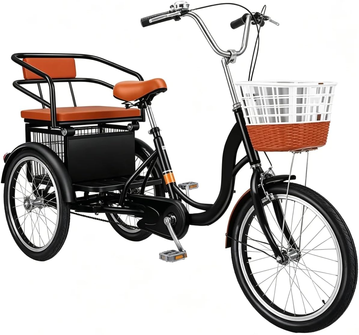 Tricycle cruiser 20 pouces à trois roues pour adultes – avec deux sièges, charge maximale de 150 kg, freins V-Brake, guidon et selle réglables