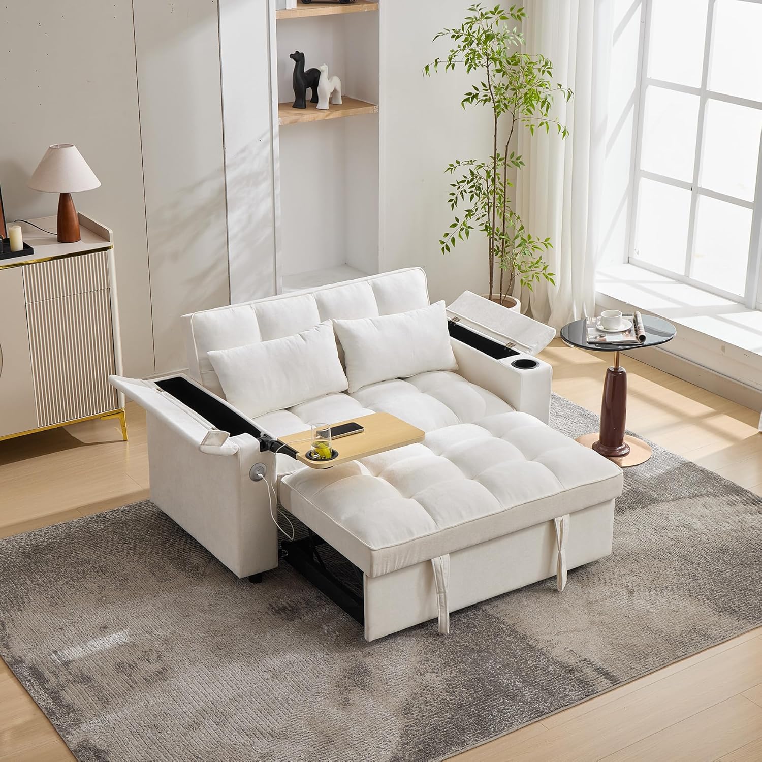 Canapé Lit 2 Places avec Table Cachée et Porte-gobelet – Canapé Convertible 2 Places avec USB et Dossier Réglable – Canapés et divans
