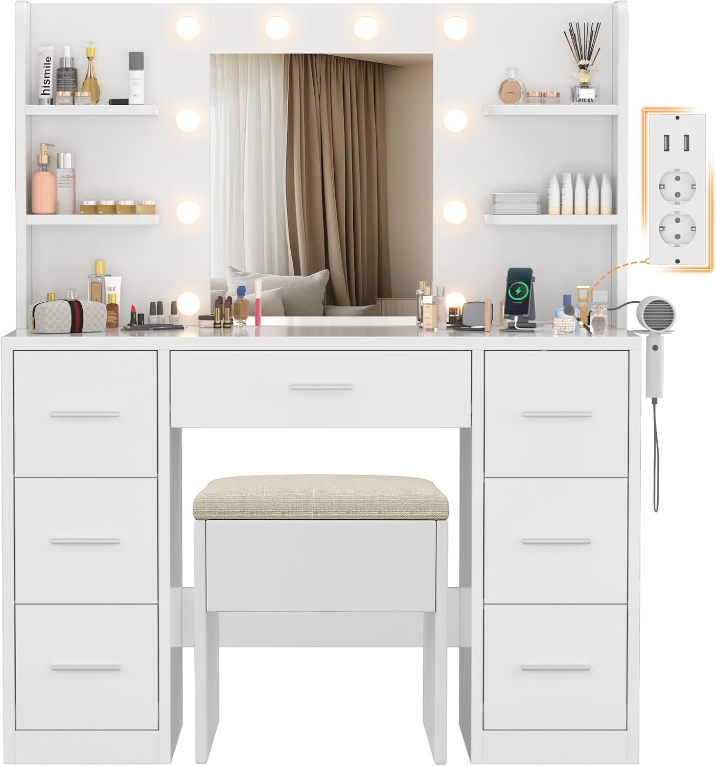 110 x 40 x 137 cm – Grande Coiffeuse avec Miroir et Tabouret – Coiffeuses, Devoko, Table de Maquillage avec 7 Tiroirs et 4 Étagères de Rangement
