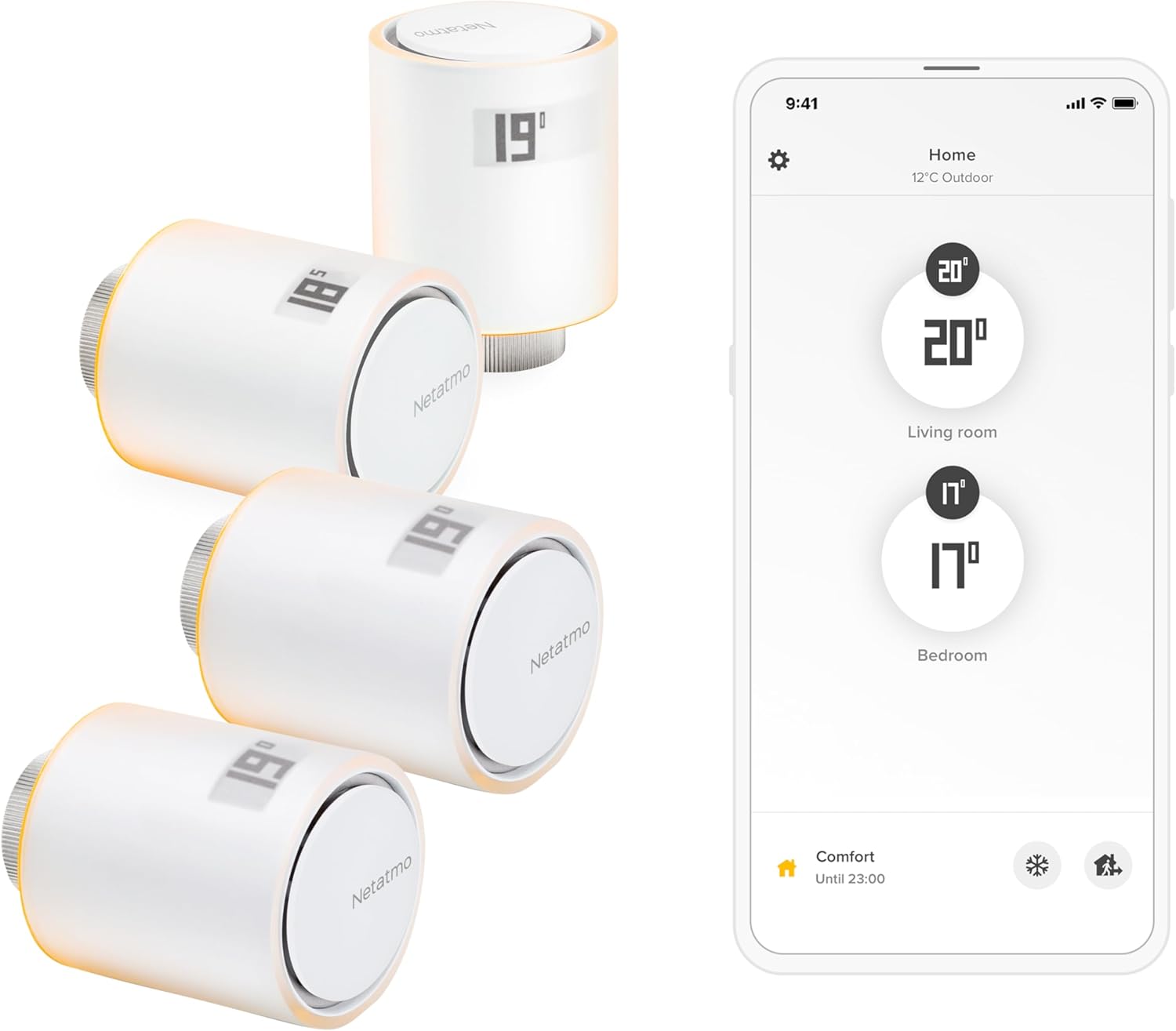 Compatible avec Alexa et HomeKit – Pack de 4 Têtes Thermostatiques Connectées et Intelligentes – Programmable, Netatmo, Blanc